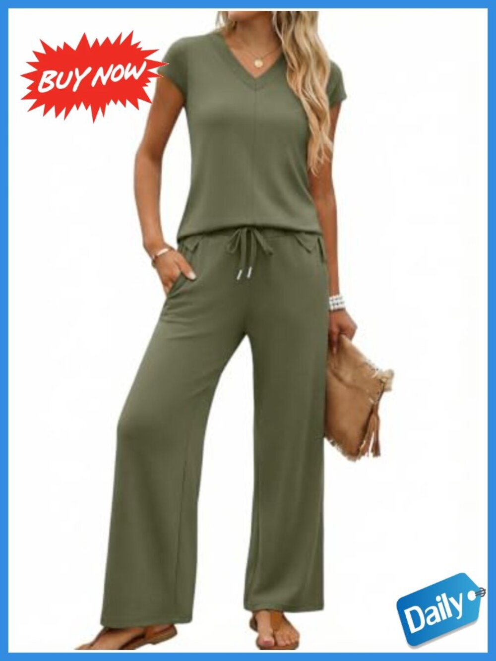 2 Piece Lounge Set for Women Side Slit Cap Sleeve Travel Outfit Polyester Blend